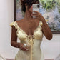 Sexy Yellow Mermaid V Neck Satin Prom Dress Evening Dress Date Dress SH5596