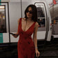 Red Print Sheath V Neck Chiffon Long Prom Dress Evening Dress Outfits SH7252