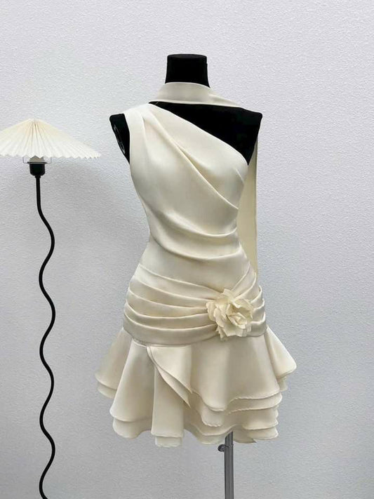 Beautiful One Shoulder Satin Pleated A Line Homecoming Dress SH3387