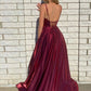 A Line Spaghetti Strap Burgundy Satin Long Prom Dress With Slit SH1693