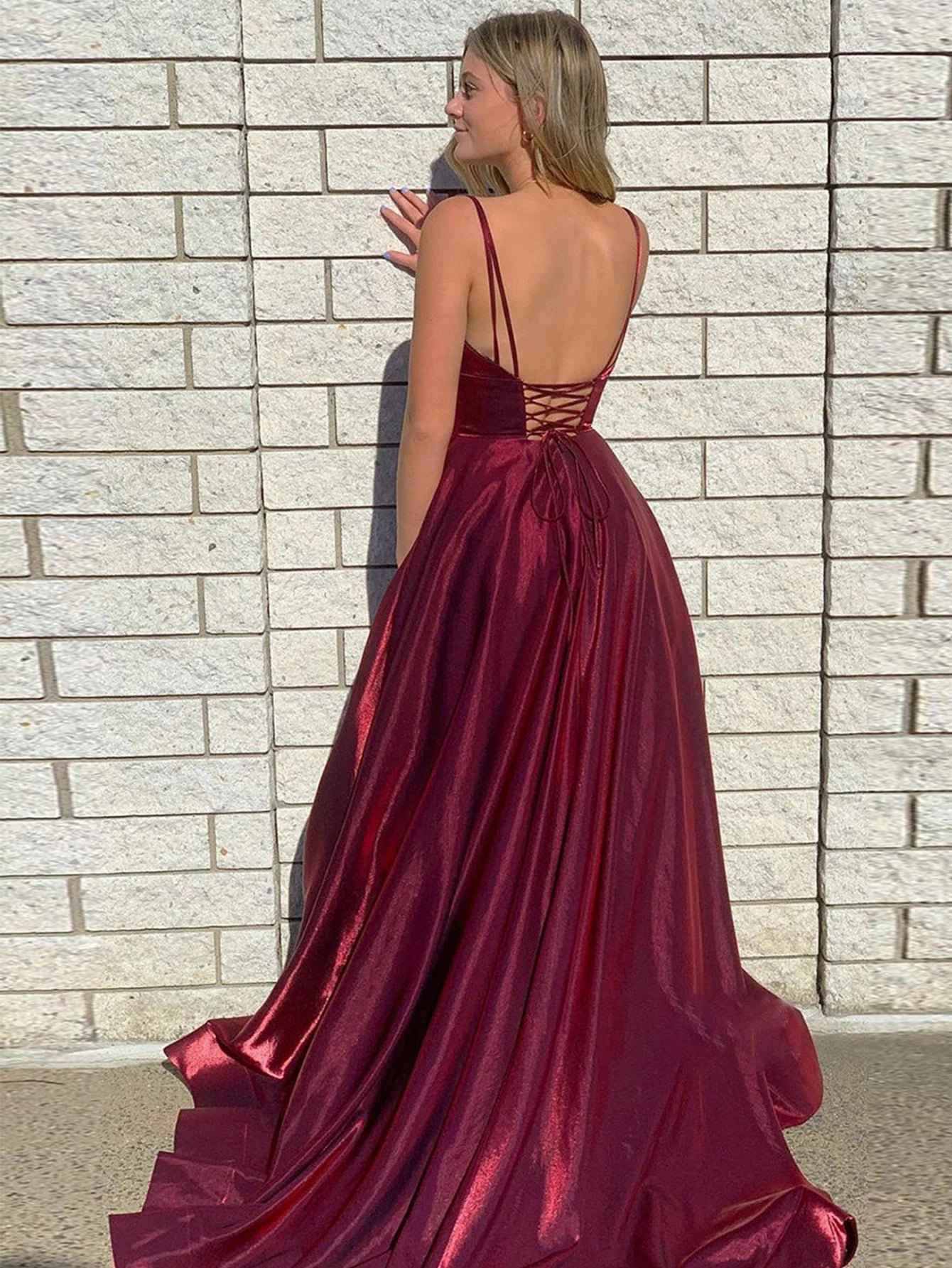 A Line Spaghetti Strap Burgundy Satin Long Prom Dress With Slit SH1693