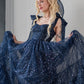 Star Sequin Navy Blue A Line Straps Layered Tulle Date Dress Prom Dress Evening Dress SH3888