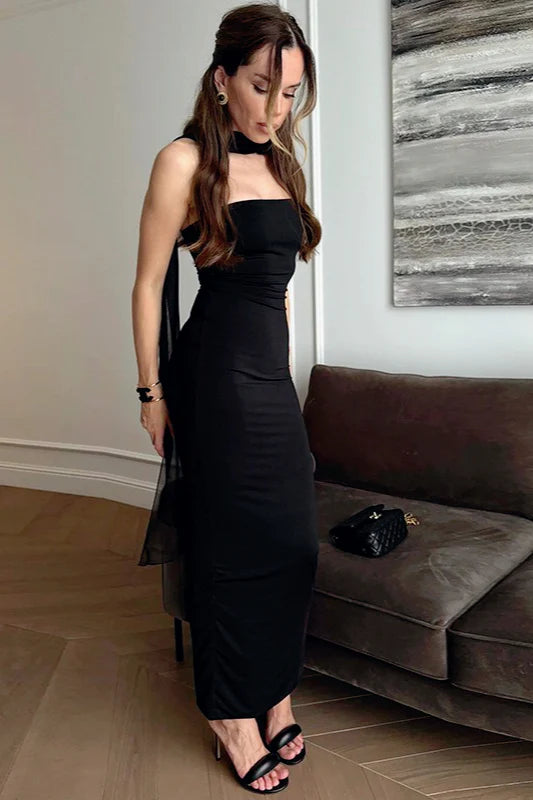 Sexy Sheath Strapless Black Satin Long Prom Dress Evening Dress SH7194
