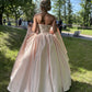 Sweety Light Pink A Line Strapless Pearl Satin Long Prom Dress Evening Dress SH6631