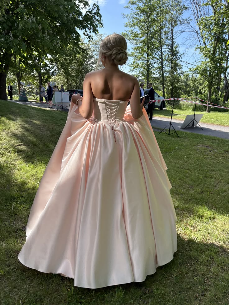 Sweety Light Pink A Line Strapless Pearl Satin Long Prom Dress Evening Dress SH6631