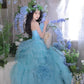 Princess Ball Gown Strapless Tiered Flower Blue Tulle Party Dress Birthday Dress SH2863