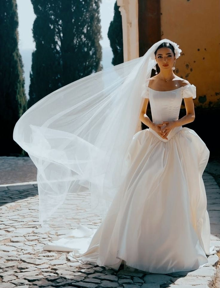Classic A Line Off the Shoulder Corset White Satin Long Wedding Dress SH5283