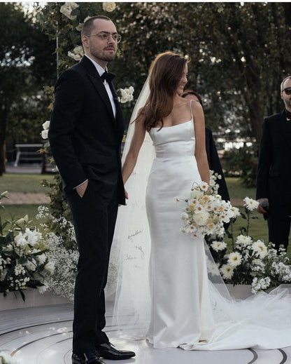 Simple Sheath Spaghetti Strap White Satin Backless Long Train Wedding Dress SH7543