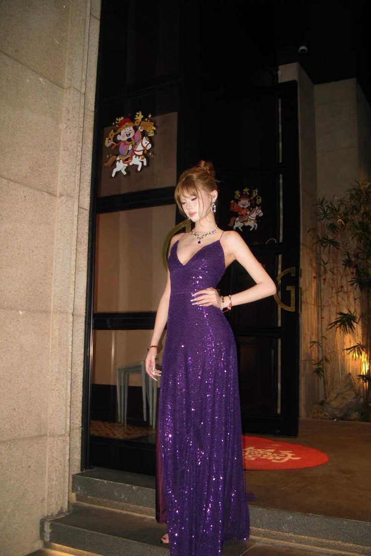 Shiny A Line Straps Dark Purple Sequin Prom Dress with Slit SH5518