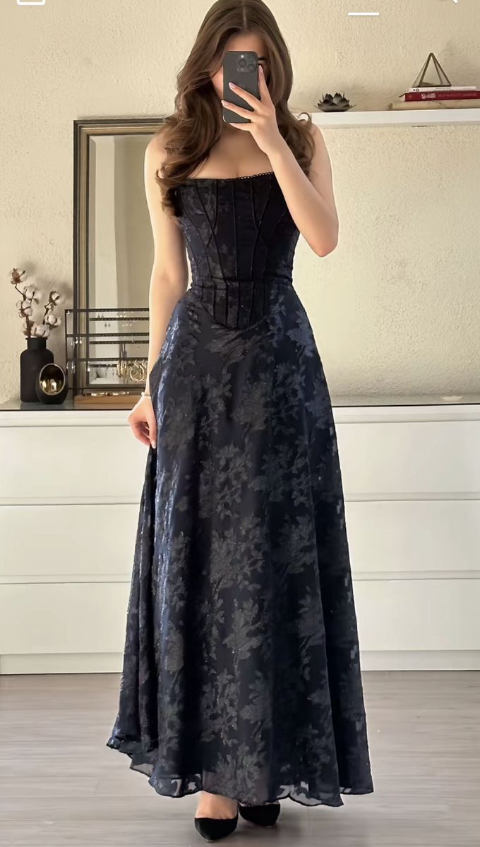 Elegant Black A Line Straps Corset Print Chiffon Long Prom Dress Date Dress SH7005