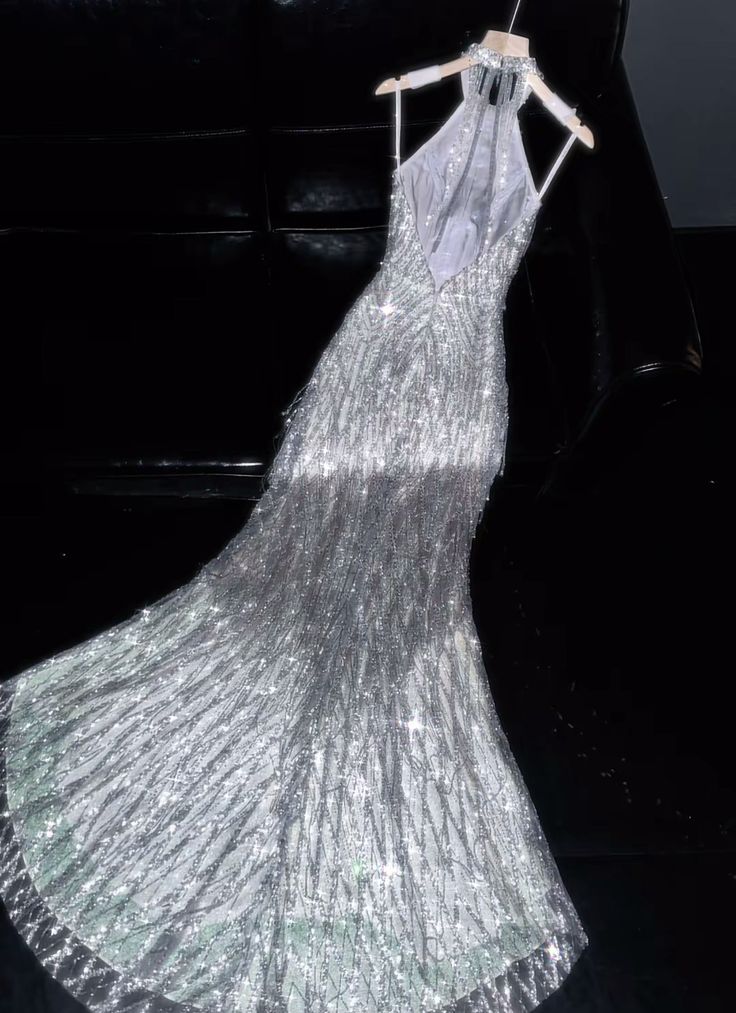 Silver Sequin Mermaid Halter Satin Backless Prom Dress Evening Dress with Slit SH3637