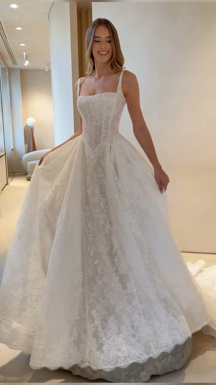 Beautiful A Line Spaghetti Strap White Lace Long Wedding Dress SH8008