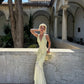 Sexy Light Yellow Sheath Halter Corset Chiffon Long Prom Dress Outfits SH6738
