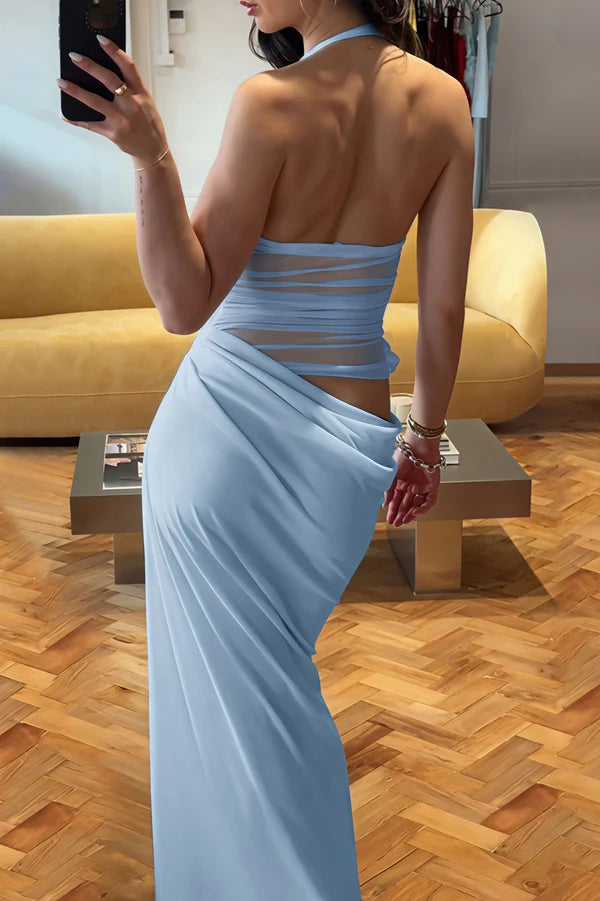 Cute Baby Blue Sheath Halter 3D Floral Tulle Satin Prom Dress Evening Dress SH5755
