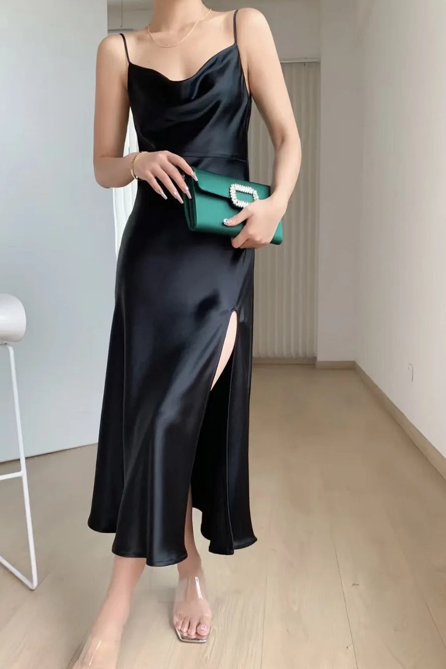 Simple Spaghetti Strap Satin Evening Dress With Slit SH1599