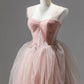 Pink A Line Straps Corset Tulle Long Prom Dress With Ruffles SH1847