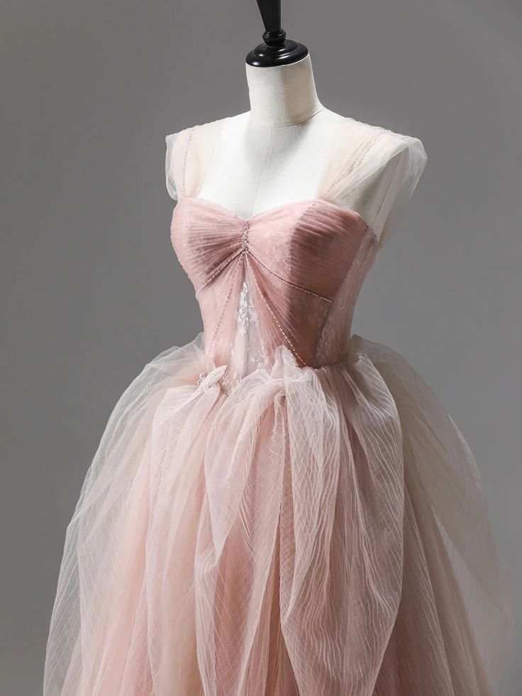 Pink A Line Straps Corset Tulle Long Prom Dress With Ruffles SH1847