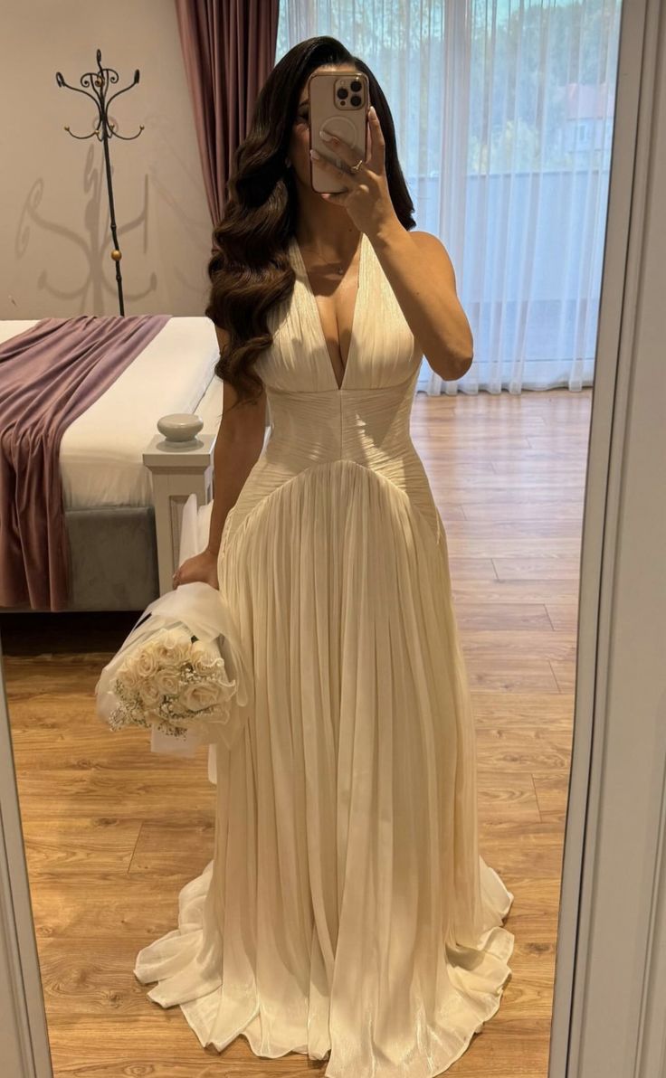 Ivory A Line V Neck Chiffon Backless Long Prom Dress Evening Dress SH8511