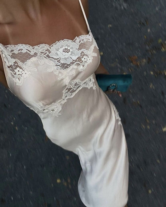 Simple A Line Spaghetti Strap Lace Satin Party Dress Wedding Guest Dress with Slit SH3901