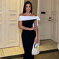 Classic Black-white Sheath Off the Shoulder Satin Long Prom Dress Evening Dress SH7569