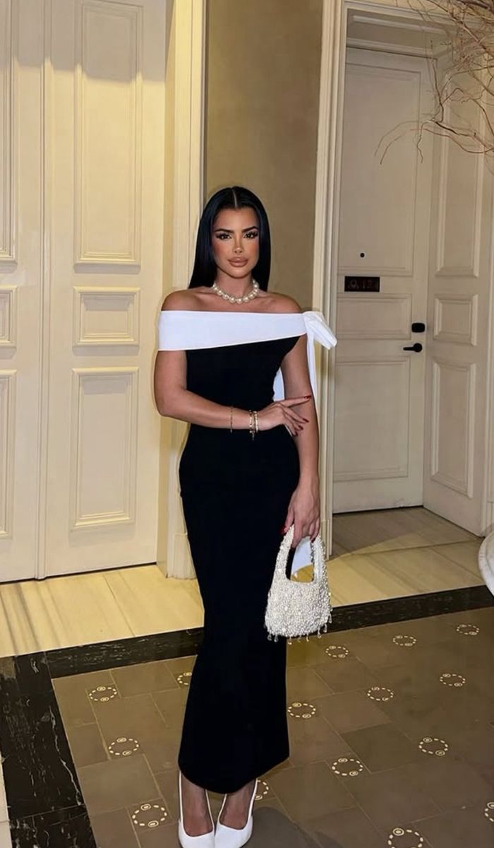Classic Black-white Sheath Off the Shoulder Satin Long Prom Dress Evening Dress SH7569