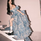 Romantic A Line Puff Sleeve Print Flower Blue Chiffon Party Dress Evening Dress with Slit SH2866