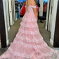 Luxurious A Line Off the Shoulder Corset Pink Lace Layered Tulle Prom Dress Evening Dress SH6366