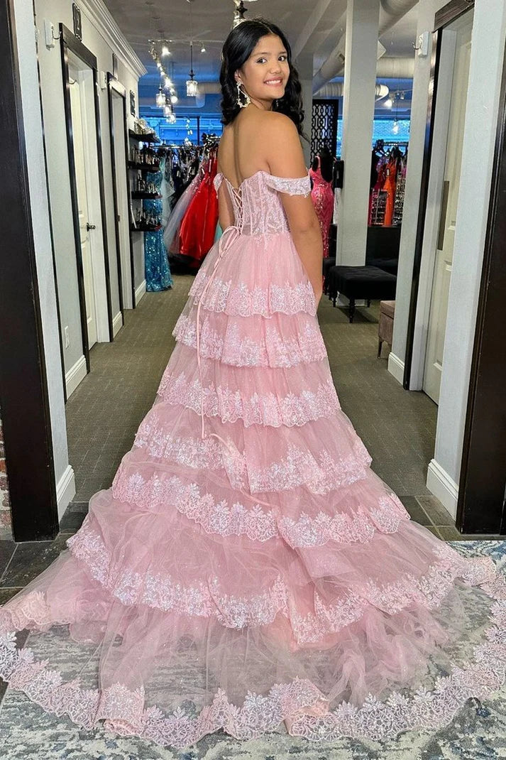 Luxurious A Line Off the Shoulder Corset Pink Lace Layered Tulle Prom Dress Evening Dress SH6366