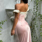 Princess Pink A Line Off the Shoulder Satin Prom Dress Evening Dress SH5756