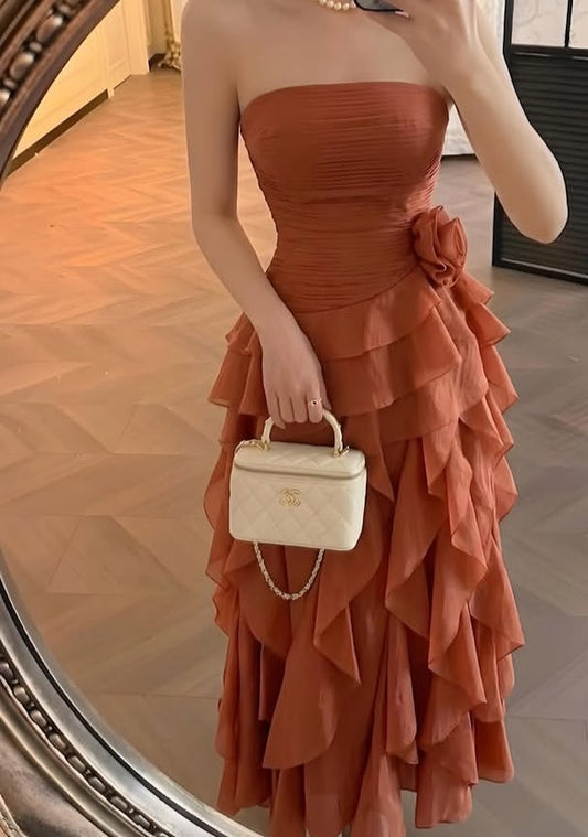 Ethereal A Line Strapless Ruffle Orange Chiffon Prom Dress Evening Dress SH8325
