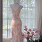 Flowy Elegant Pink Print Floral Beaded Chiffon Evening Dress Party Dress SH3473
