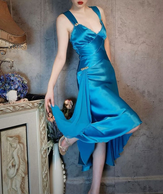 Elegant A Line Straps Blue Satin Party Dress Evening Dress SH2715