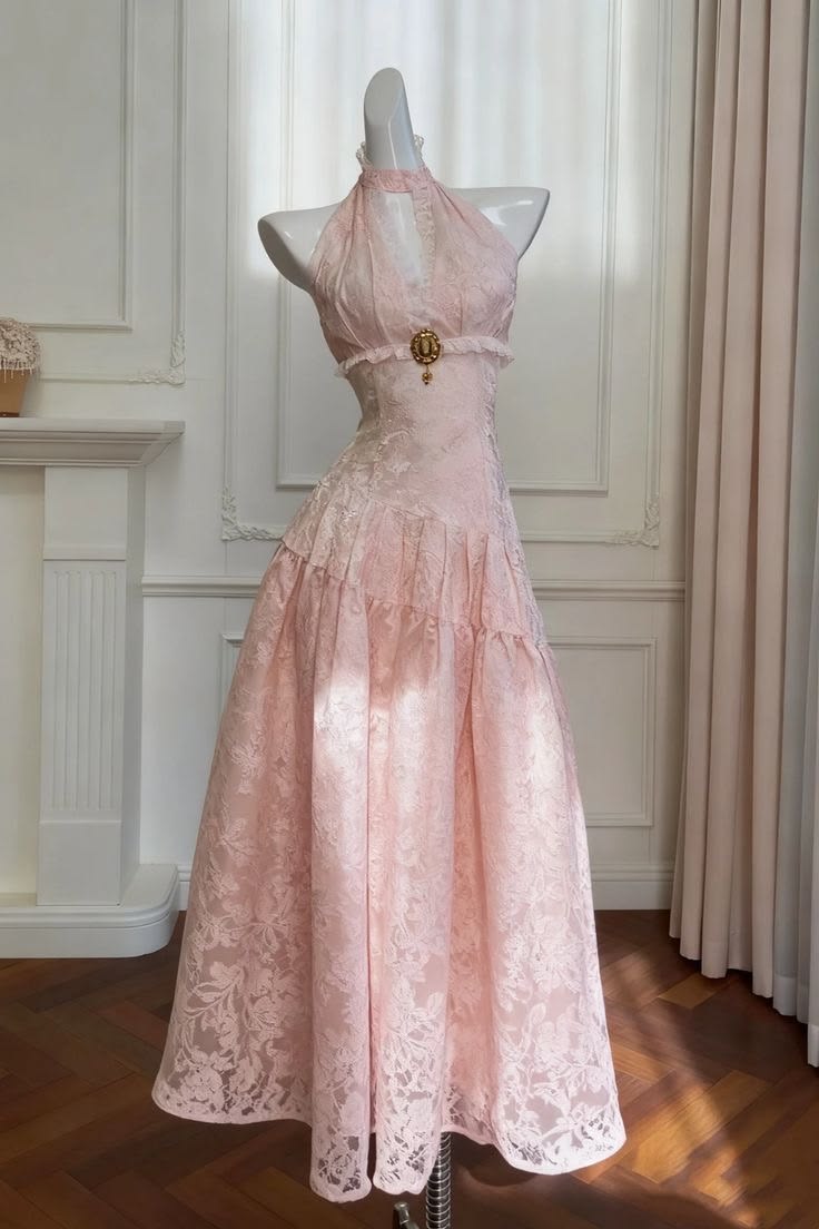 Vintage Light Pink A Line Halter Lace Prom Dress Evening Dress SH6923