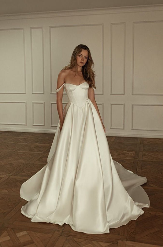 Simple Ball Gown Straps Corset Ivory Satin Long Wedding Dress SH7062