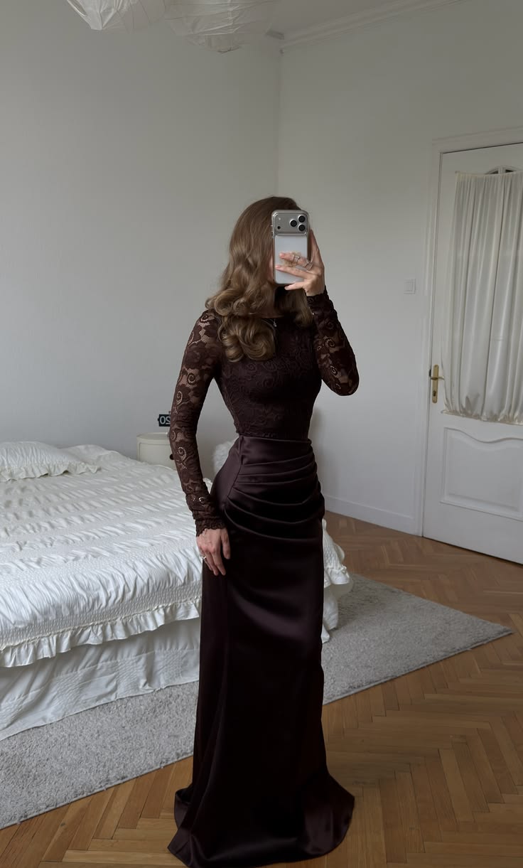 Dark Brown Mermaid Long Sleeve Lace Satin Long Prom Dress Evening Dress SH8838