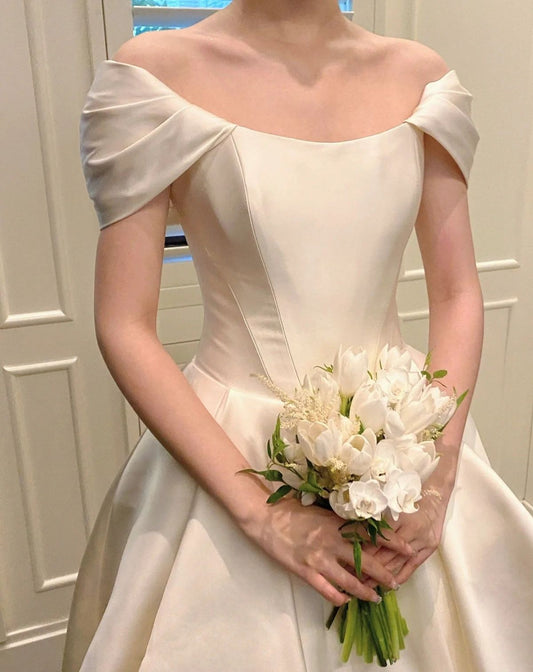 Beautiful A Line Off the Shoulder White Satin Long Wedding Dress SH8350