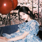 Romantic A Line Puff Sleeve Print Flower Blue Chiffon Party Dress Evening Dress with Slit SH2866
