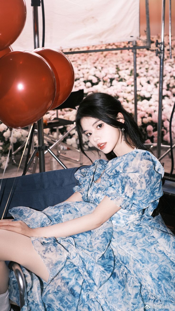 Romantic A Line Puff Sleeve Print Flower Blue Chiffon Party Dress Evening Dress with Slit SH2866