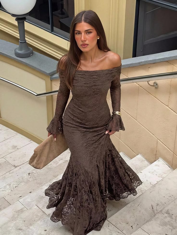Brown Mermaid Long Sleeve Lace Long Prom Dress Evening Dress SH8839