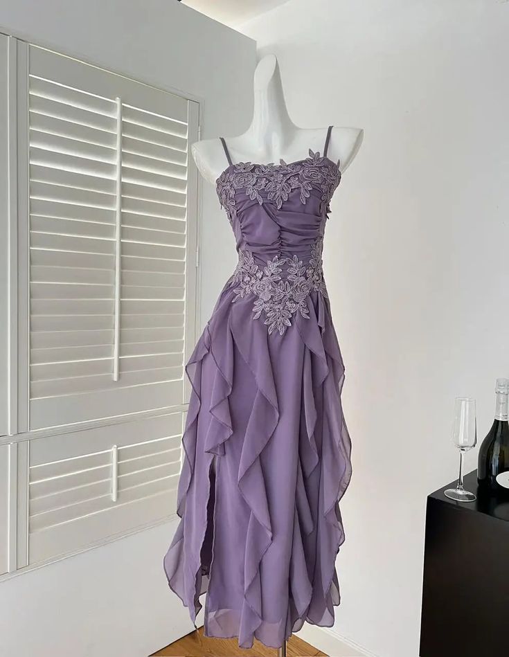 Cute A Line Spaghetti Strap Ruffle White Appliques Chiffon Party Dress Evening Dress SH2828