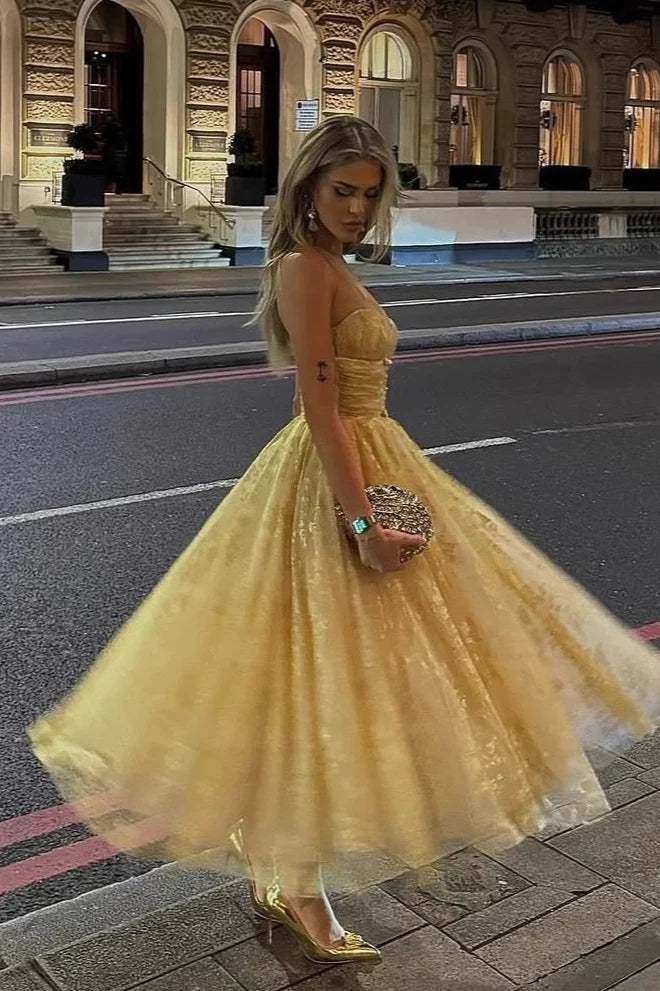 Shiny Gold Ball Gown Sweetheart Neck Print Floral Tulle Prom Dress Evening Dress SH7209