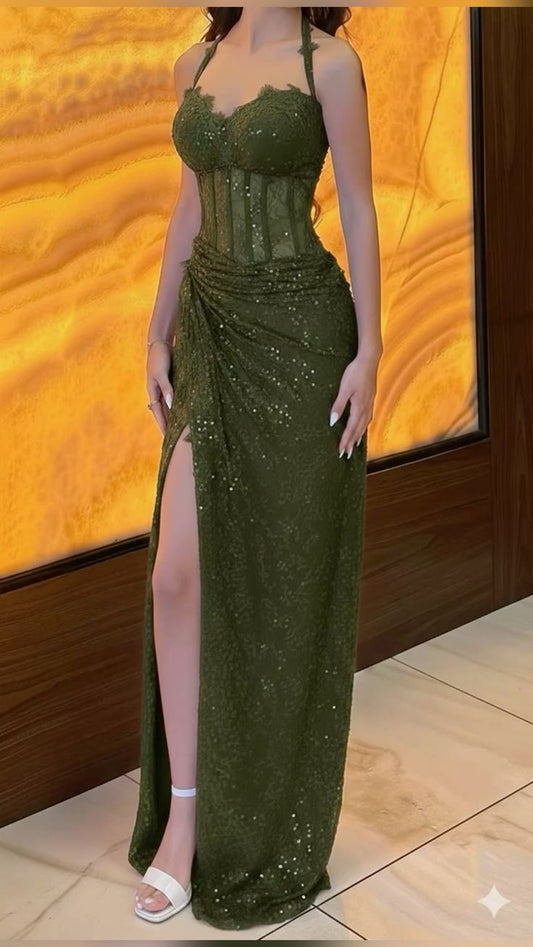 Olive Green Shiny Sheath Halter Sequin Lace Slit Long Prom Dress Evening Dress SH5845