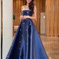 Classy Navy Blue A Line Strapless Rhinestone Satin Long Prom Dress Evening Dress SH7037