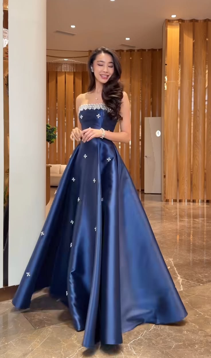 Classy Navy Blue A Line Strapless Rhinestone Satin Long Prom Dress Evening Dress SH7037