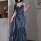 Pretty Dark Blue Mermaid Straps Exquisite Beaded Ruffle Chiffon Long Prom Dress SH6709