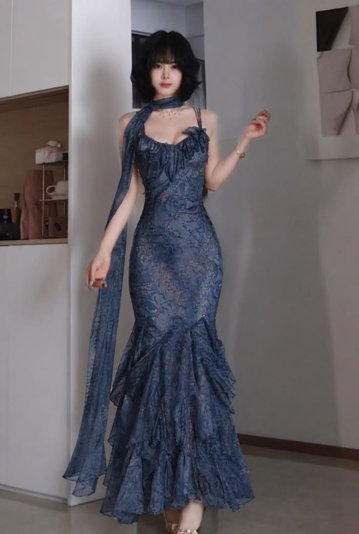 Pretty Dark Blue Mermaid Straps Exquisite Beaded Ruffle Chiffon Long Prom Dress SH6709