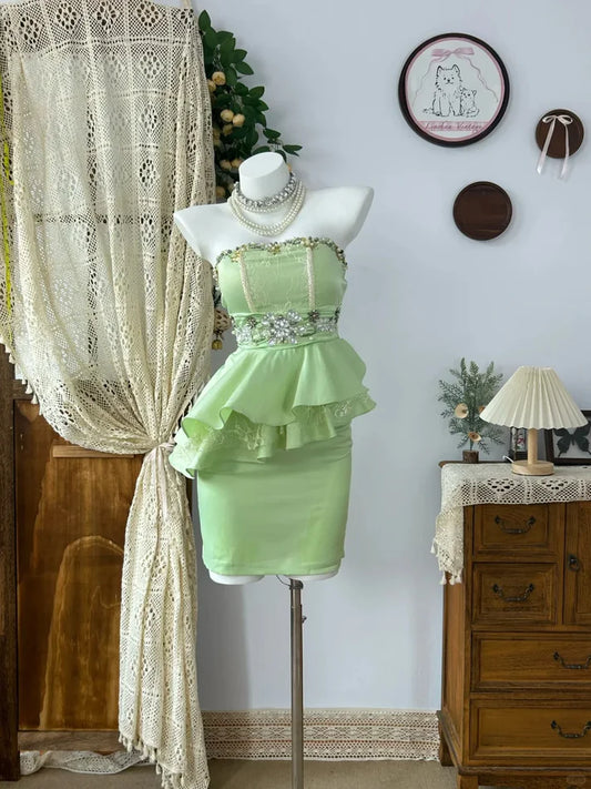 Green Sheath Strapless Layered Ruffle Beaded Satin Homecoming Dress Cocktail Dress SH3740