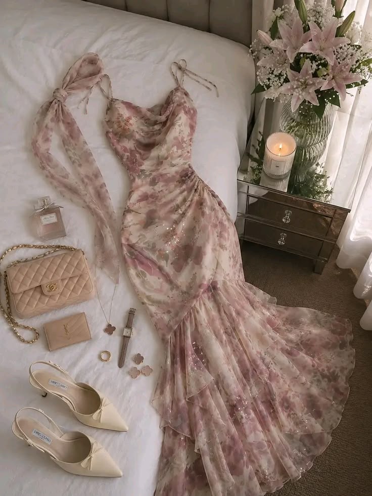 Gentle Pink Print Floral Mermaid Chiffon Prom Dress Evening Dress SH6446