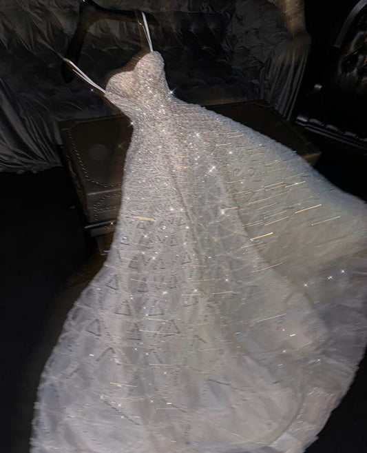 White Gorgeous A Line Sweetheart Neck Beaded Tulle Prom Dress Wedding Dress SH3394