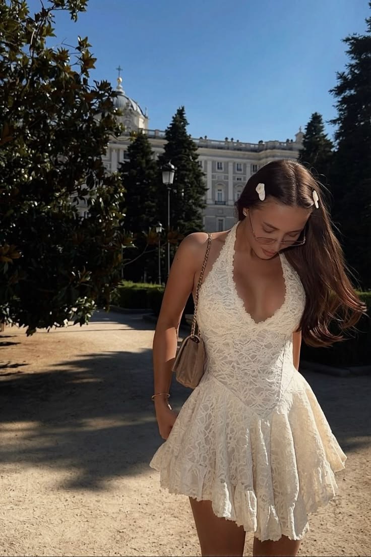 Sweety Ivory A Line Halter Lace Backless Short Homecoming Dress Mini Dress SH8045